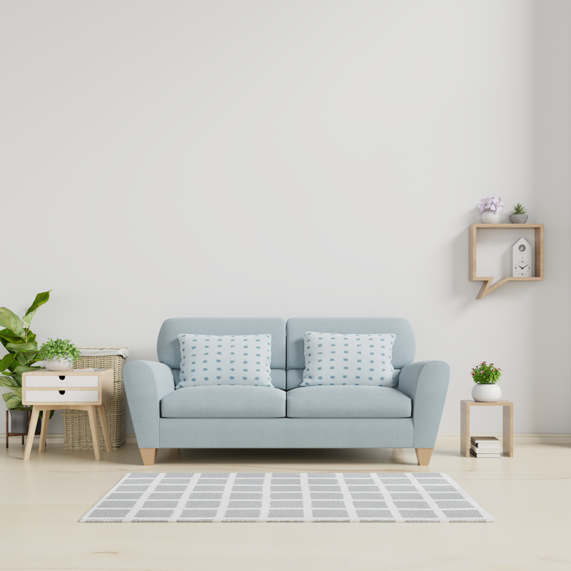 Modern Living Room Interior with Sofa and Green Plants,Lamp,Table on White Wall Background.